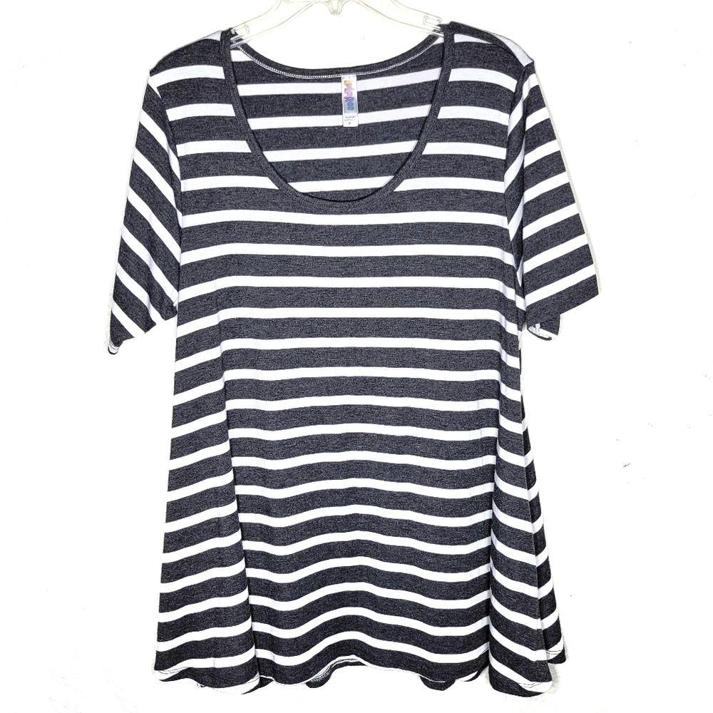 LuLaRoe gray white stripe XL short-sleeve top tunic flowy large scoop neck